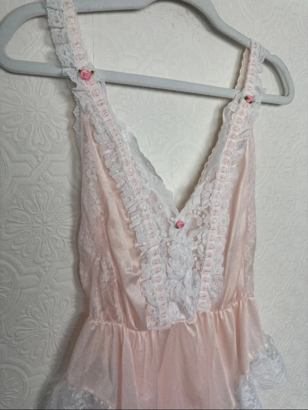 Vintage Pink Satin Lace Teddy Bodysuit Lingerie Romantic Cottagecore Pink Girlie - Picture 2 of 11